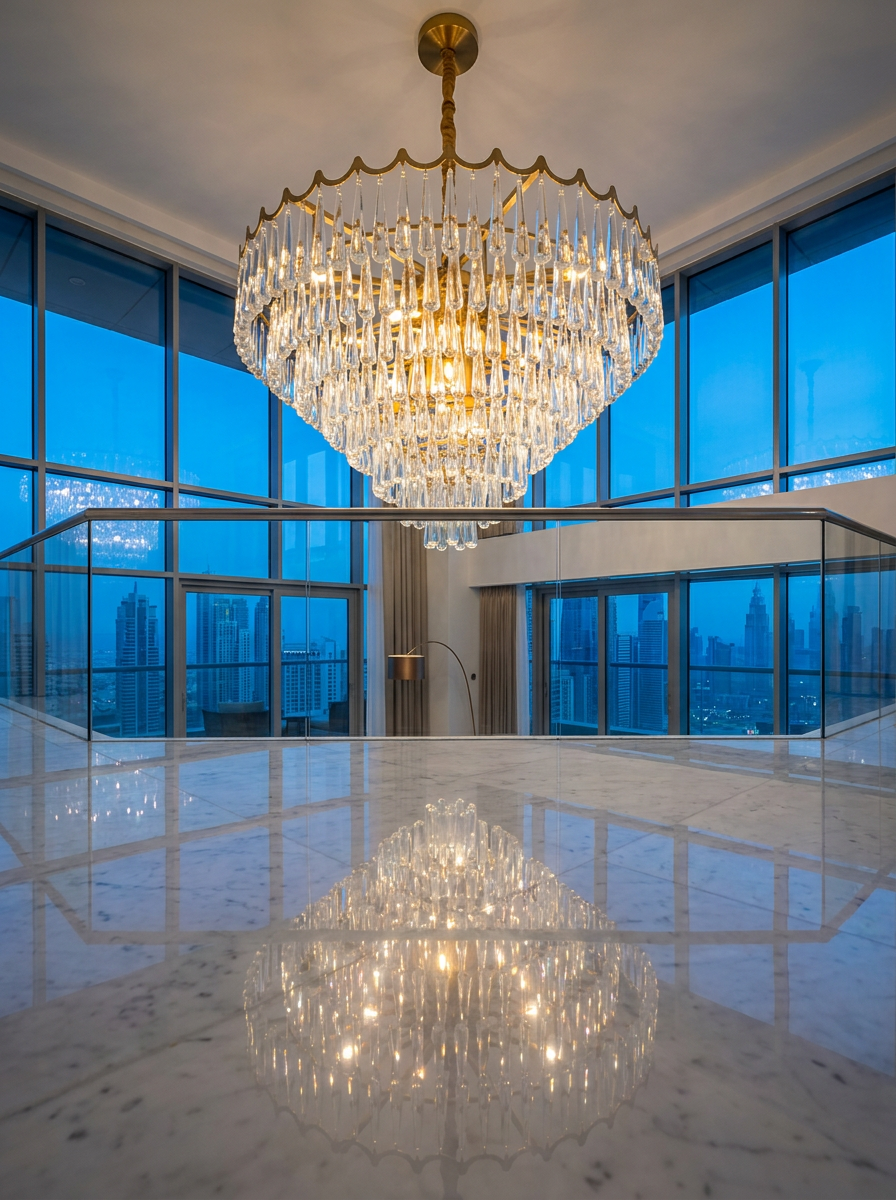 The Belgravia Station grand crystal chandelier installed in a Dubai penthouse with marble floor and city skyline — handcrafted luxury lighting reflected on polished stone
