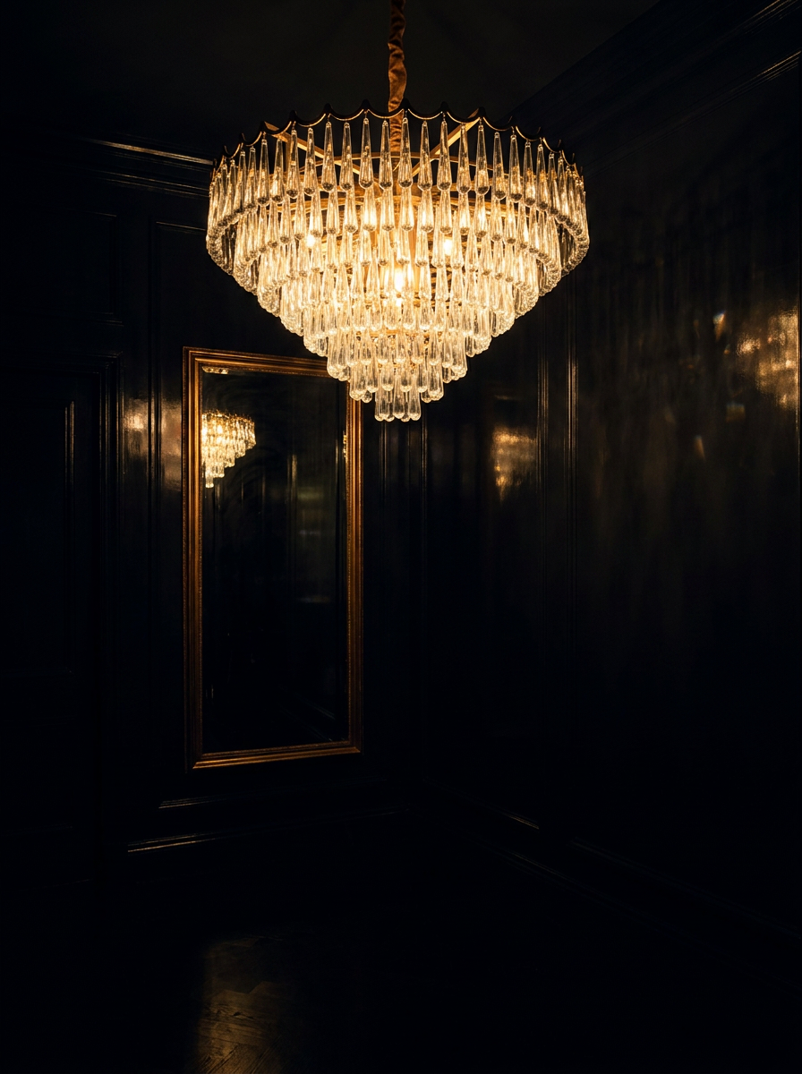 The Belgravia Station statement chandelier illuminating a luxury hotel lobby — brushed-gold tiered crystal teardrops over polished marble