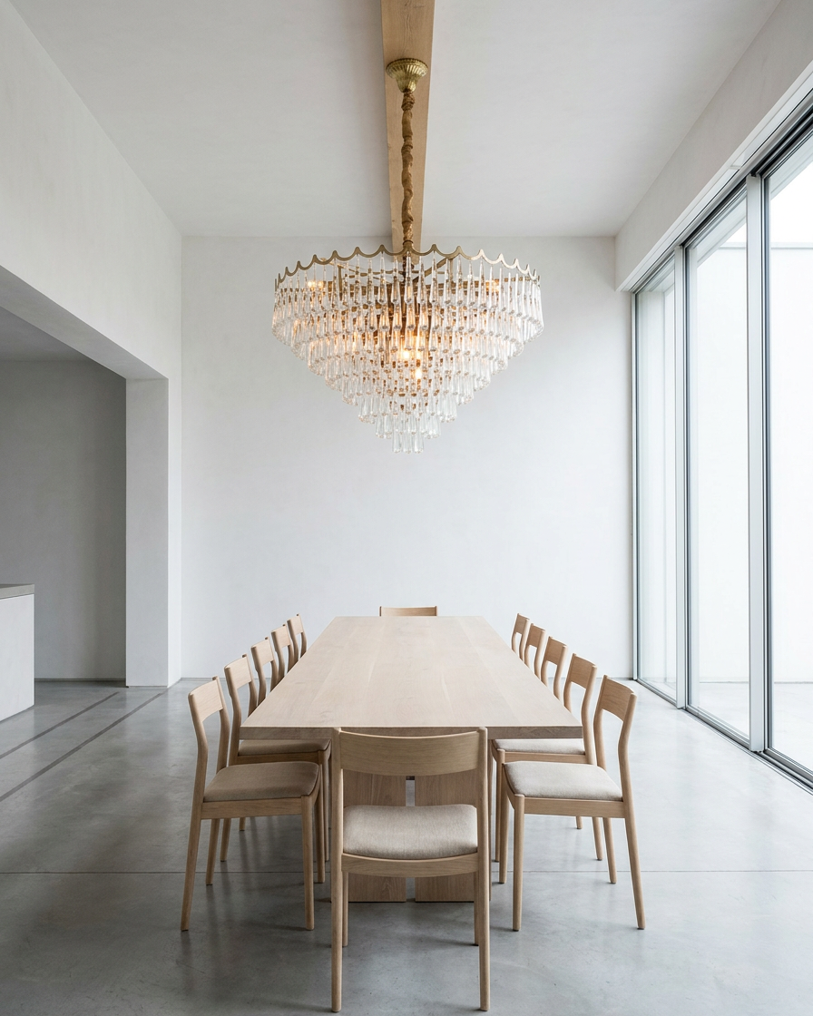 The Belgravia Station crystal chandelier hanging above a twelve-seat dining table in a modern minimalist room — grand-scale luxury lighting from The Chandelier House