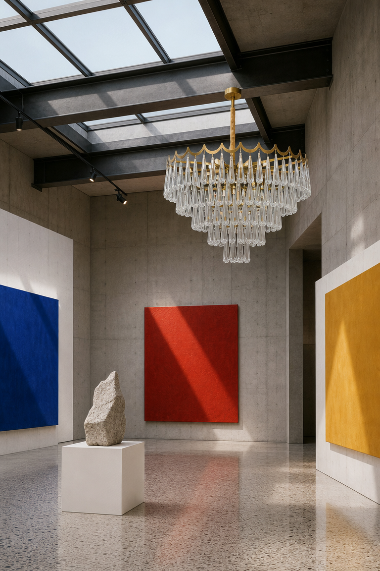 The Belgravia crystal chandelier in a contemporary art gallery — handcrafted gold and crystal lighting from The Chandelier House