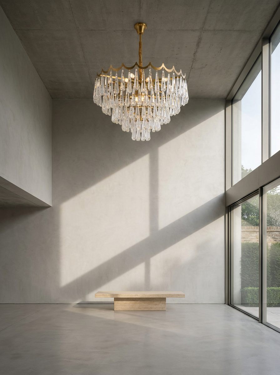 The Belgravia crystal chandelier installed in a modern concrete and glass interior — scalloped gold rim with three tiers of clear crystal teardrops