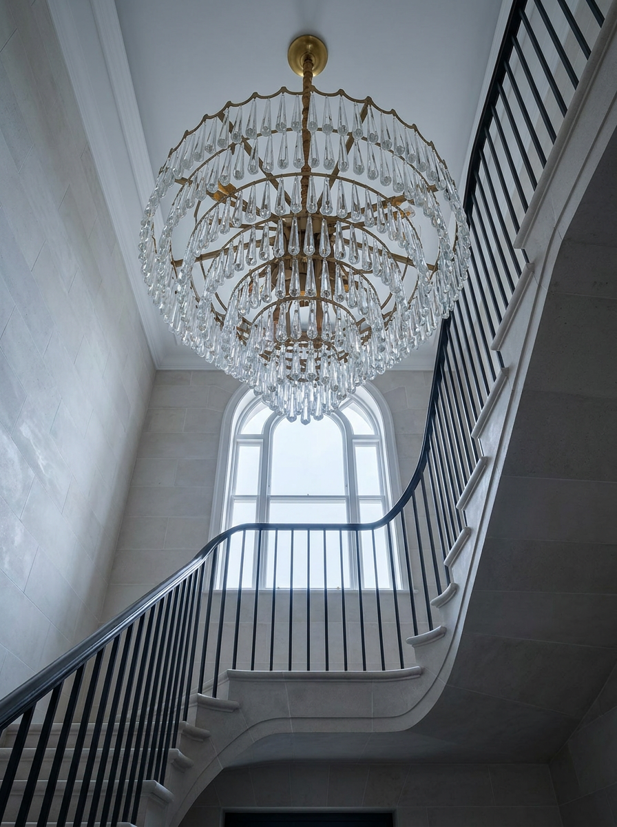 The Belgravia Station crystal chandelier suspended in a Georgian townhouse staircase — grand brushed-gold scalloped rim and tiered clear crystal teardrops
