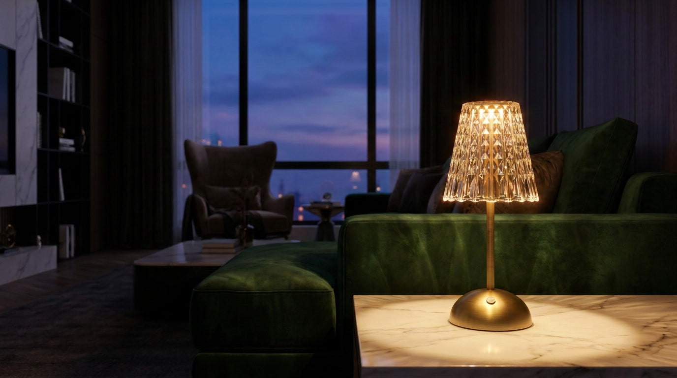 The Notting Hill lamp glowing on a marble side table in an evening living room