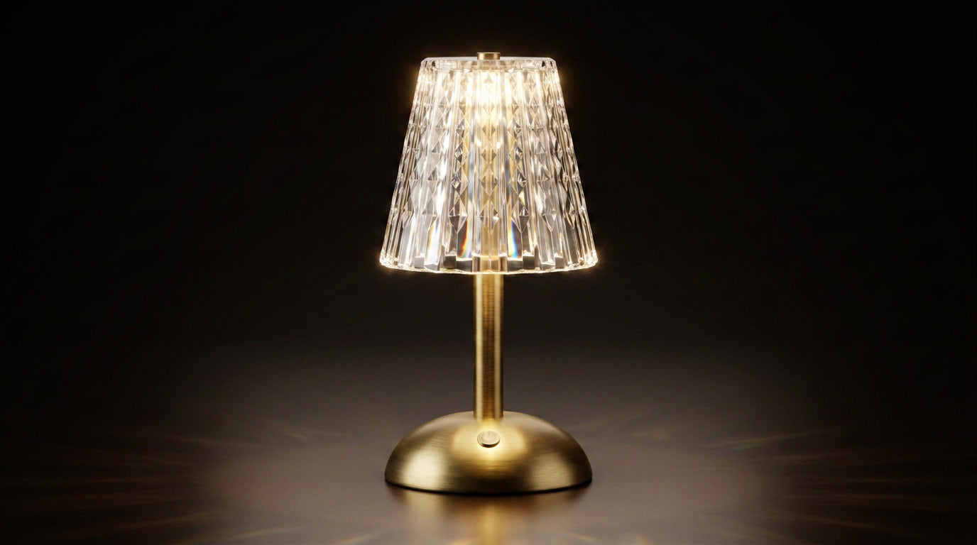 The Notting Hill cordless crystal touch lamp glowing warm white on a dark background